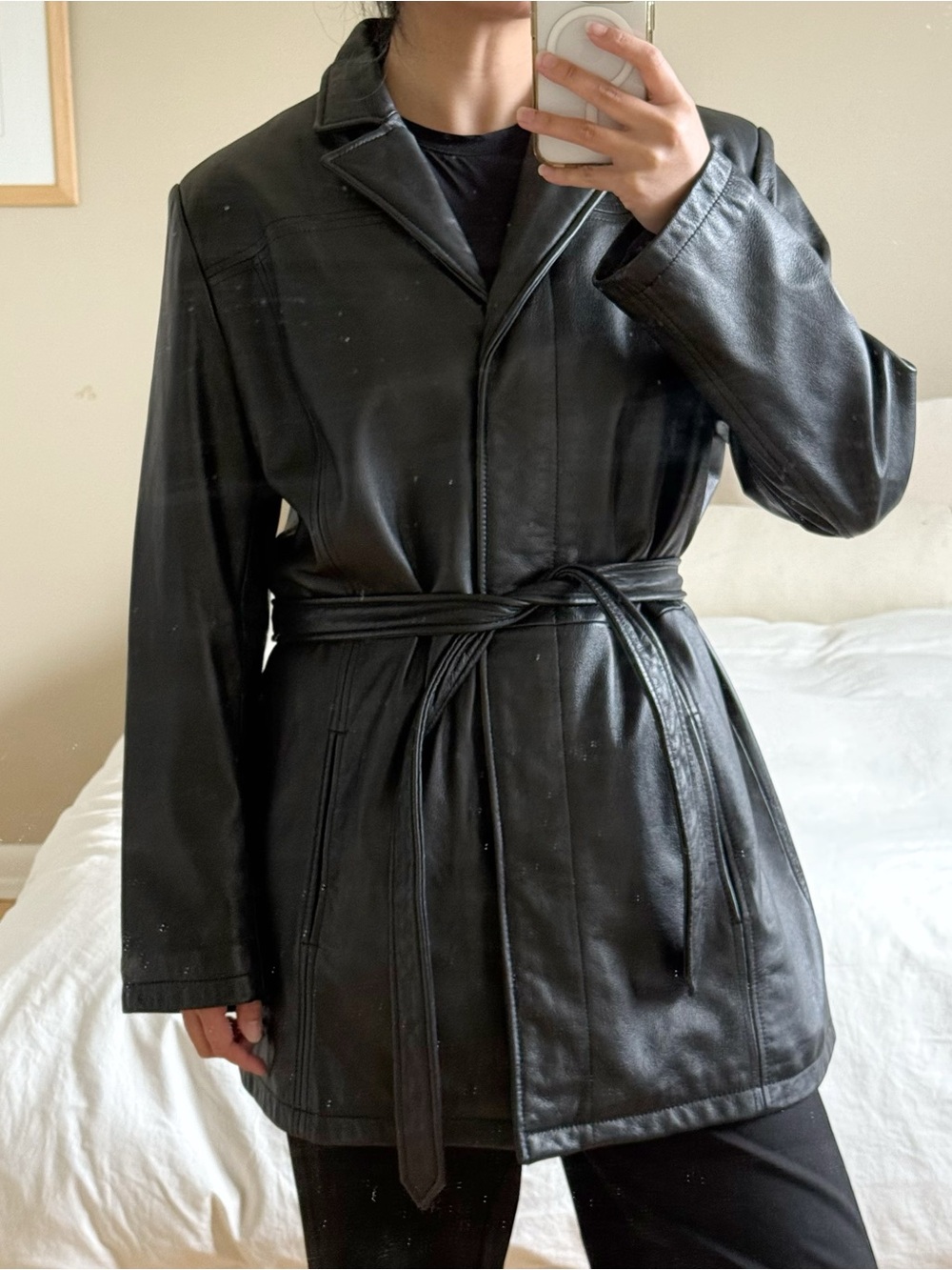 Vintage Black Leather Belted Jacket